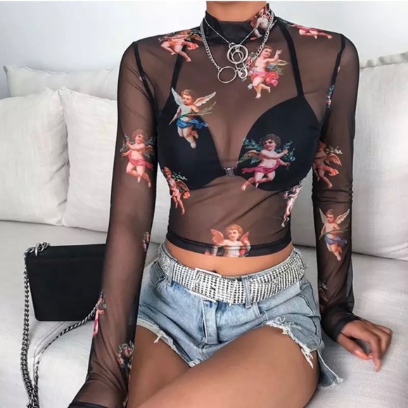 Tops - Cherub Sheer Long Sleeve Crop Top in Black